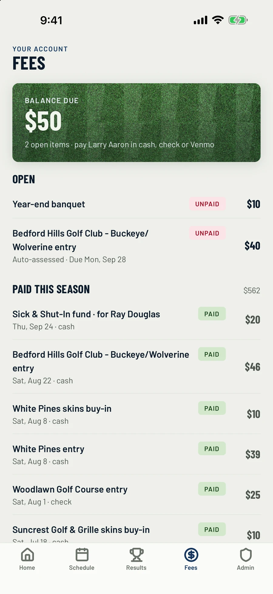 Fees screen with balance due and paid items