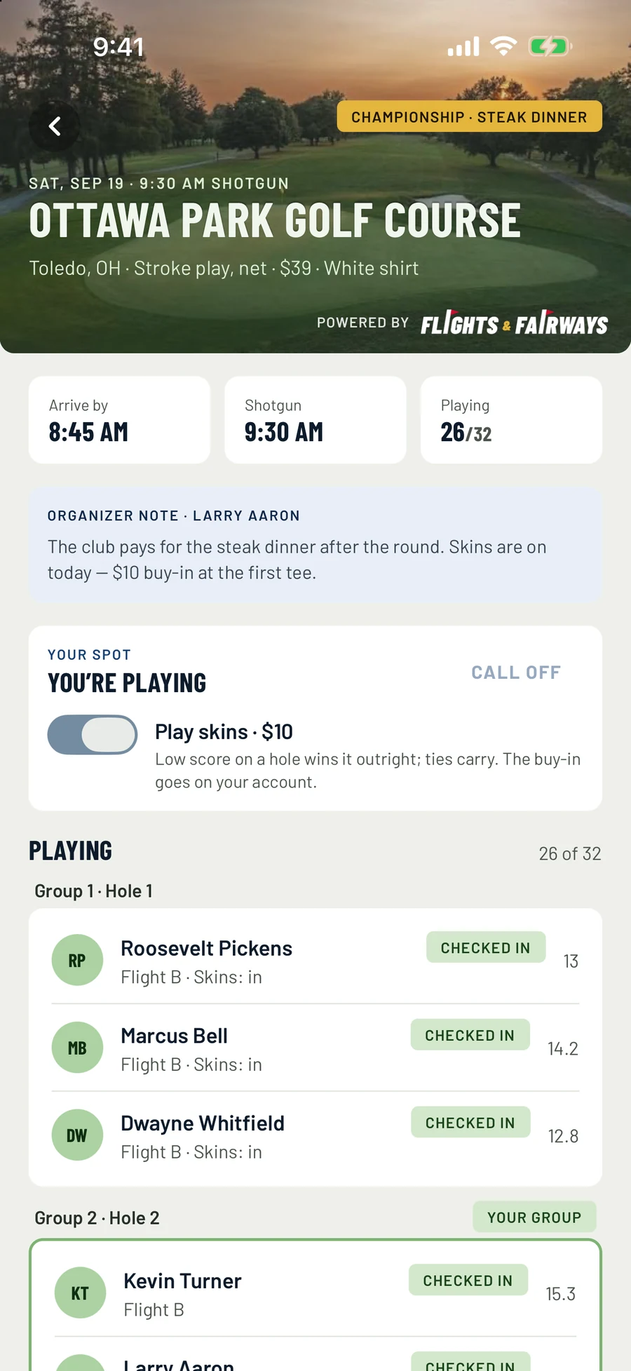 Outing detail with groups, check-in and skins